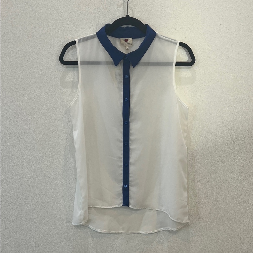 One Clothing White and Blue Sleeveless Sheer Blouse Women’s M